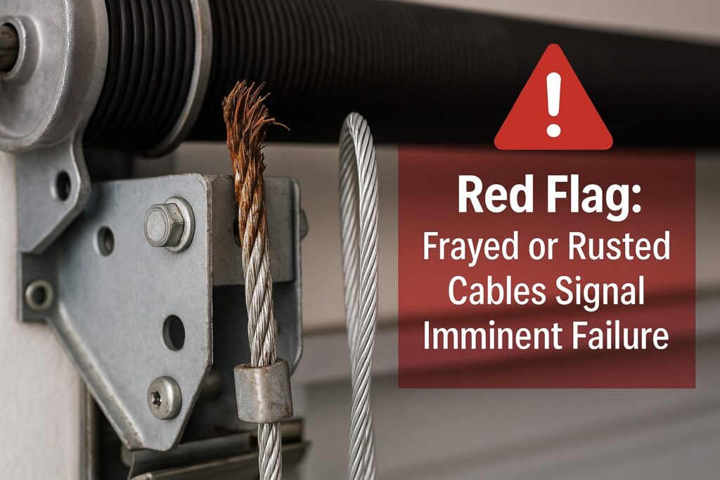 Garage Door Cable Replacement: A Wise Investment for Homeowners 3 Close-up of frayed and rusted garage door cable with warning sign stating 'Red Flag: Frayed or Rusted Cables Signal Imminent Failure,' highlighting the need for garage door cable replacement.