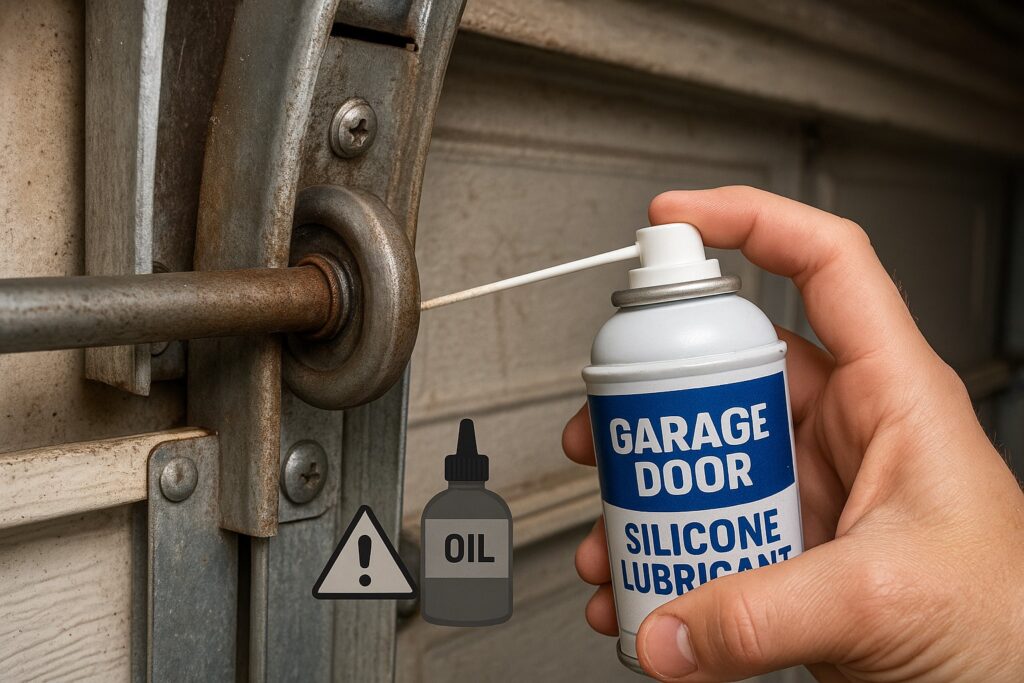The Importance of Regular Maintenance for Your New Garage Door 2 Close-up of a hand applying silicone lubricant to a garage door hinge, highlighting proper maintenance for smooth operation and longevity of the new garage door.