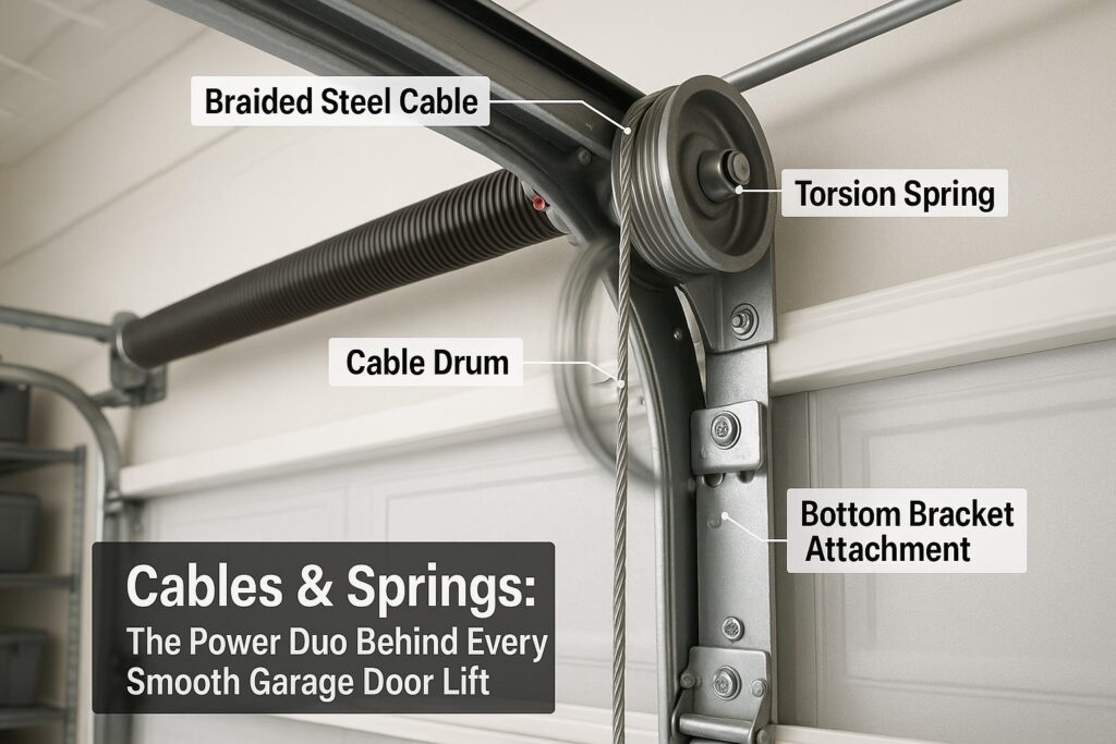 Garage Door Cable Replacement: A Wise Investment for Homeowners 2 Labeled garage door components including braided steel cable, cable drum, torsion spring, and bottom bracket attachment—highlighting the key parts involved in garage door cable replacement.