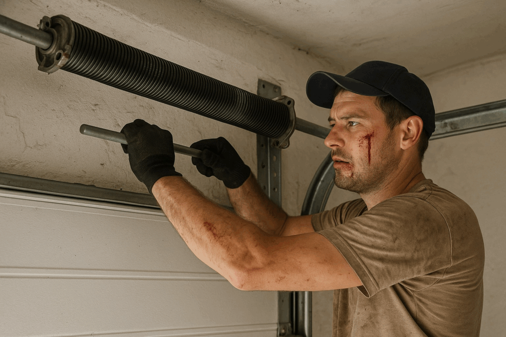 Garage Door Repairs in Houston, TX: Choosing the Right Parts 2 Injured man attempting dangerous spring work showing risks of DIY garage door repairs.