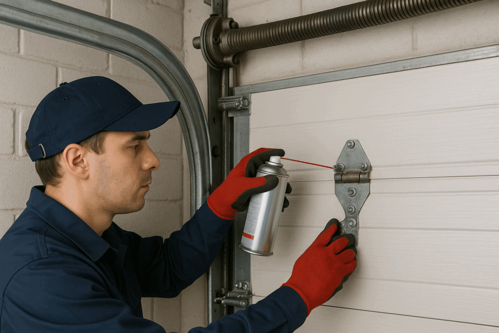 Garage Door Repairs in Houston, TX: Choosing the Right Parts 3 Technician applying lubricant to hinge during routine garage door repairs.