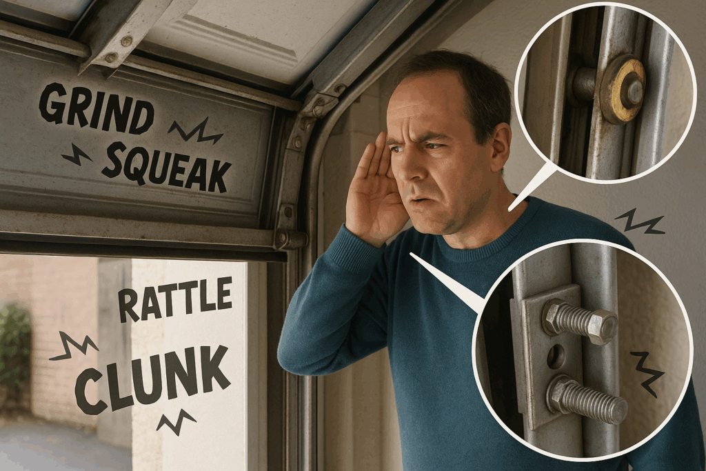 Homeowner listening to grinding, squeaking, and rattling noises from garage door, showing signs that it is time to repair garage door.