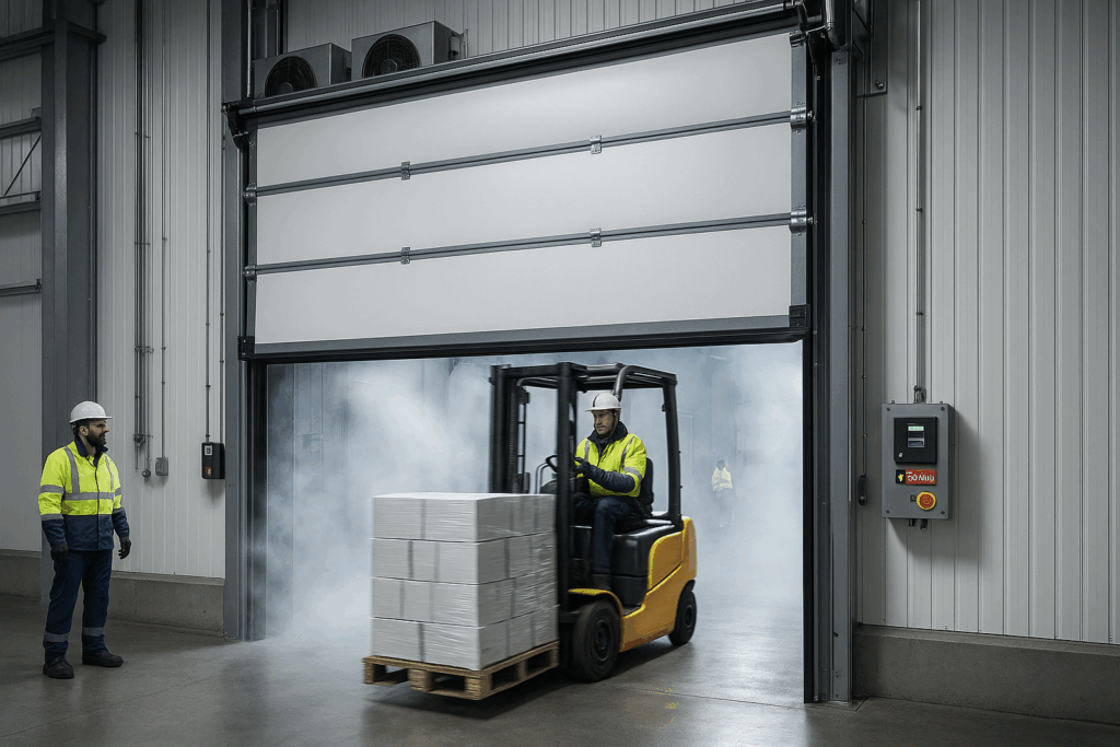 Forklift moving goods through facility entrance after commercial garage door repair ensures smooth operation.