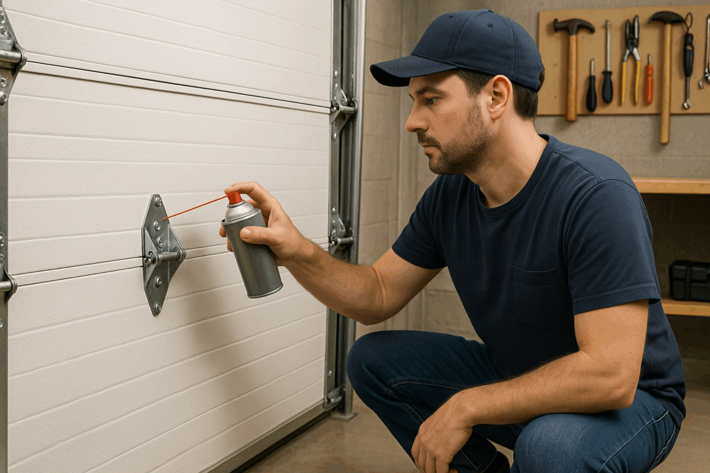 Technician lubricating hinges on modern garage doors during maintenance.