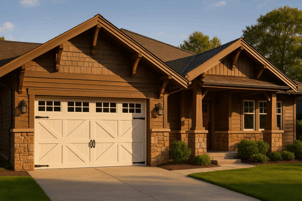 White carriage-style modern garage doors on craftsman home exterior.