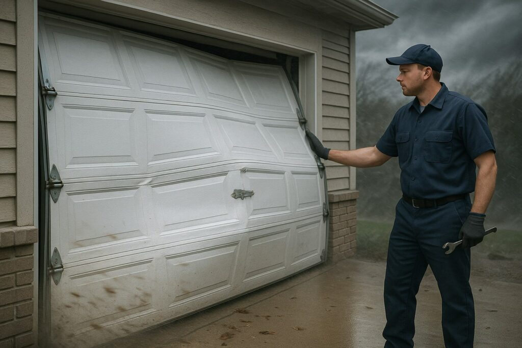 Houston, TX Garage Door Maintenance: Keep Your Garage Doors Safe and Efficient 2 Garage Door Maintenance professional inspecting a damaged garage door after strong winds, assessing needed repairs for safe restoration.