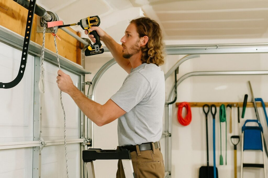 Everything You Need to Know About Garage Door Tune-Ups in Houston, TX 2 Technician performing a garage door tune-up, tightening the torsion spring components to ensure safe and balanced door operation.