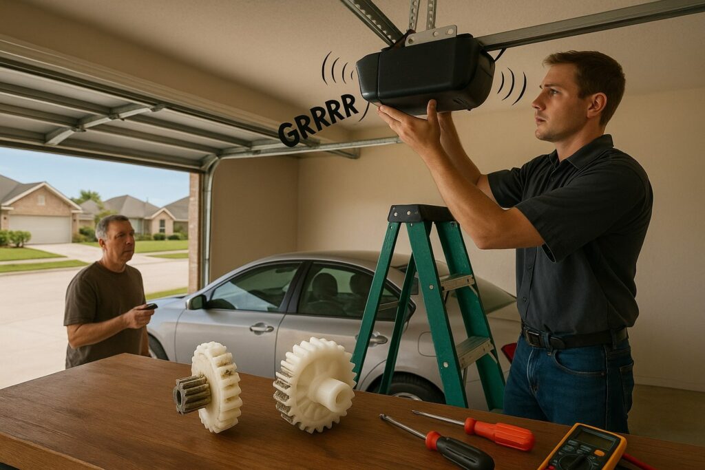 Signs That You Need Garage Door Opener Repair in Richmond, TX 2 Technician performing garage door opener repair while diagnosing noisy motor in a residential garage.