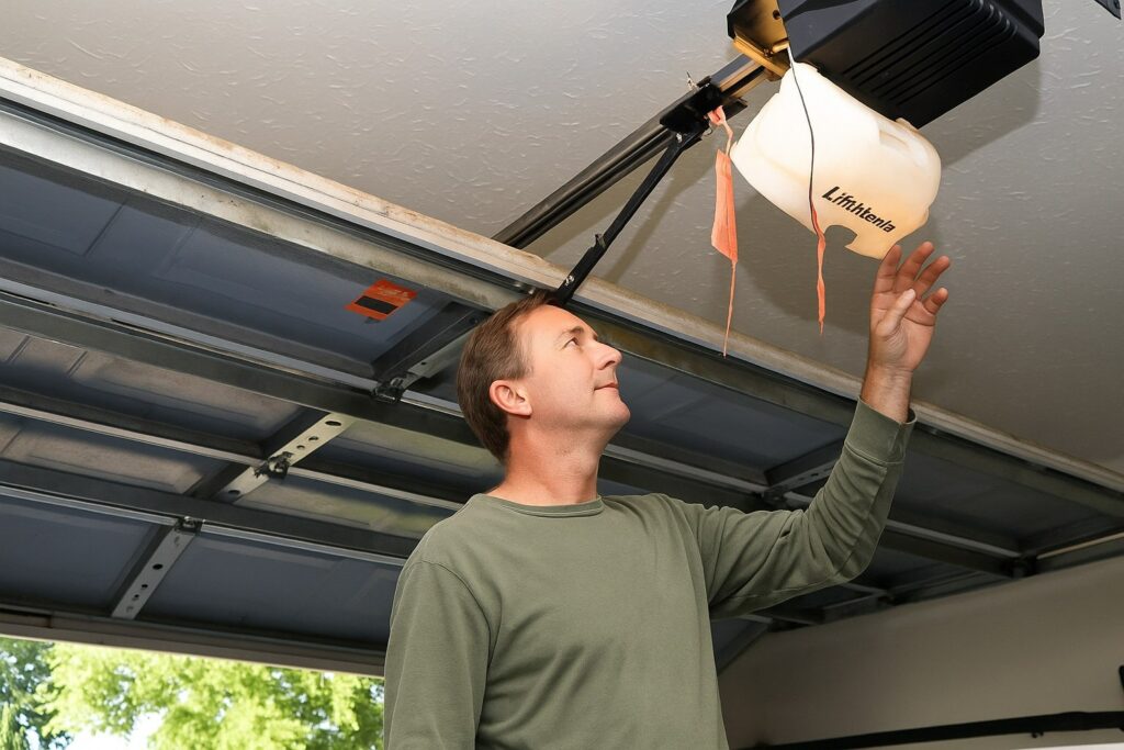 Signs That You Need Garage Door Opener Repair in Richmond, TX 3 Homeowner inspecting motor unit during garage door opener repair in residential garage.
