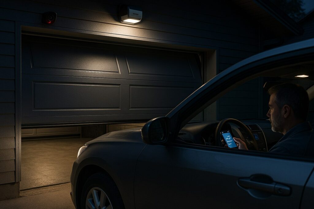 A driver uses a smartphone app to open automatic garage doors at night as exterior security lights illuminate the entrance.