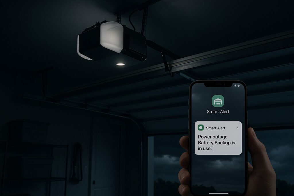 How Smart Technology Is Changing the Future of Garage Door Repair 3 Garage door repair alert showing smart opener battery backup during a power outage.